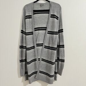 Talbots Duster Open Cardigan Size XL Gray Striped Long Sweater Elbow Pad Academy